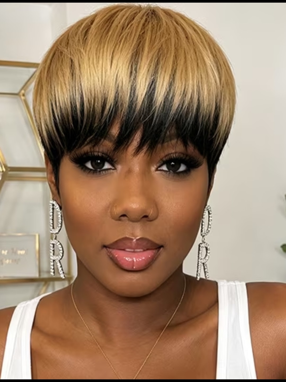 Short Layered Two-Tone Blonde and Black Pixie Wig - Women Hair